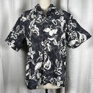 Tommy Bahama Shirt Mens Large Black White Floral‎ Silk Collar Hawaiian Button Up